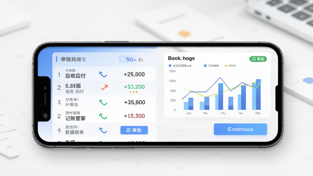 AI生成企业记账管家功能展示图,主体为手机屏幕显示应收应付列表和报表图表,布局为上下结构,排版突出数据可视化,风格现代简洁,细节包含数字、箭头、审批按钮,画质高清干净无多余元素