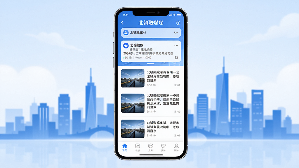 一部智能手机屏幕显示北镇融媒APP新闻推送界面,背景为北镇城市剪影,主体居中布局,上方为通知栏推送卡片,中部为新闻列表,下方为底部导航栏,简约科技风格,蓝白配色为主,界面干净整洁,文字清晰可读,画质高清,无多余元素