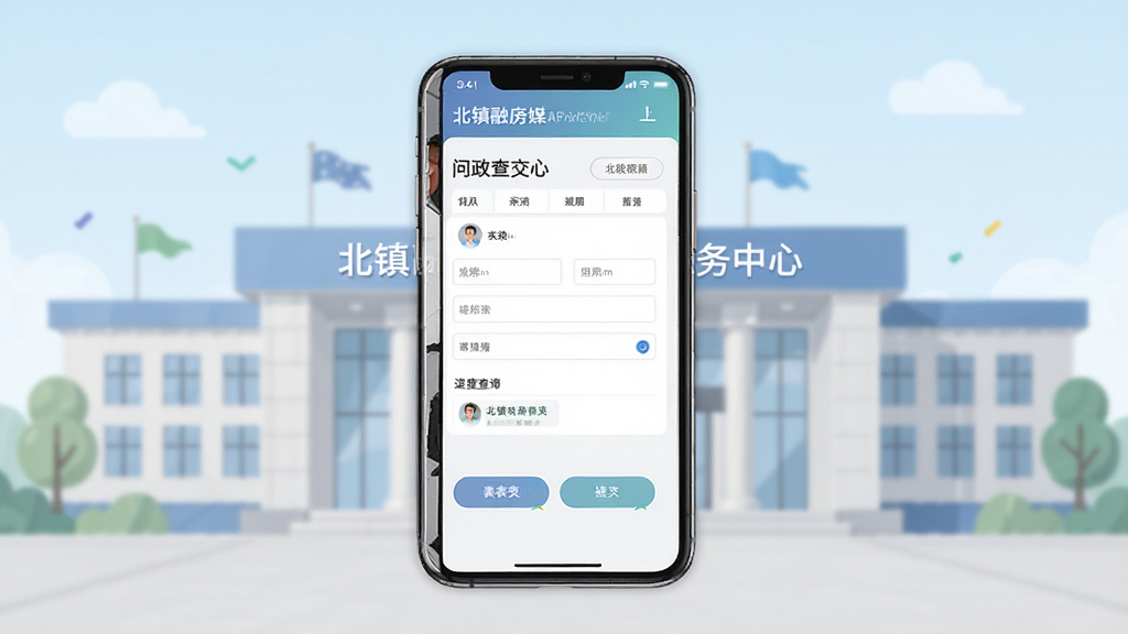 北镇融媒APP问政功能界面展示,画面中央为手机屏幕,屏幕内显示问政提交表单和进度查询页面,背景为北镇政务服务中心建筑,扁平化设计风格,色调柔和清新,布局对称,细节清晰,画质干净,无杂乱装饰