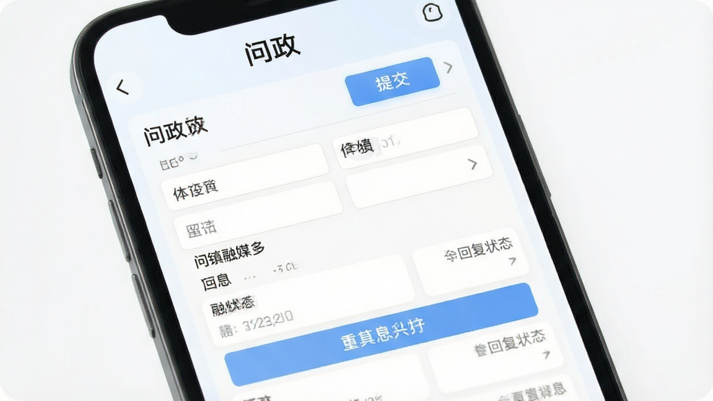 北镇融媒APP问政界面,手机屏幕显示问政留言列表和回复状态,主体为表单和消息卡片,布局上下结构,风格清新浅色,细节包含“问政”标题和提交按钮,画质清晰,干净无多余元素