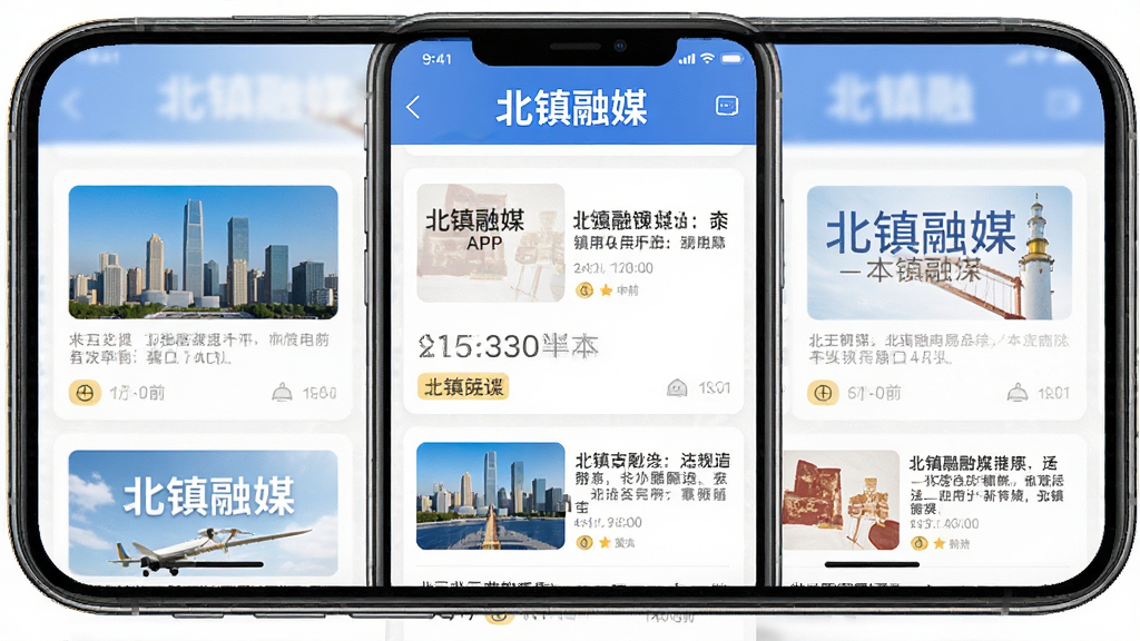 北镇融媒APP主界面,手机屏幕显示本地新闻列表,顶部有“北镇融媒”文字标识,主体为新闻卡片布局,排版清晰,风格简洁大方,细节包含时间戳和分类标签,画质高清,干净无多余元素