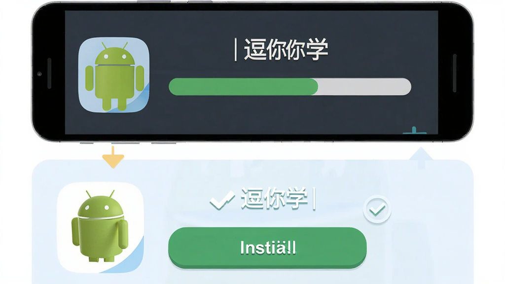 ����ѧAPP���ذ�װ����ʾ��ͼ������Ϊ�ֻ���Ļչʾ��װ����������ɽ��棬����Ϊ�������У��Ű����������Ϊ��ƽ����ƣ�ϸ�ڰ�����׿������ͼ�ꡢ����ѧLOGO����װ��ť�����ʸ��壬����ɾ����޶���Ԫ��