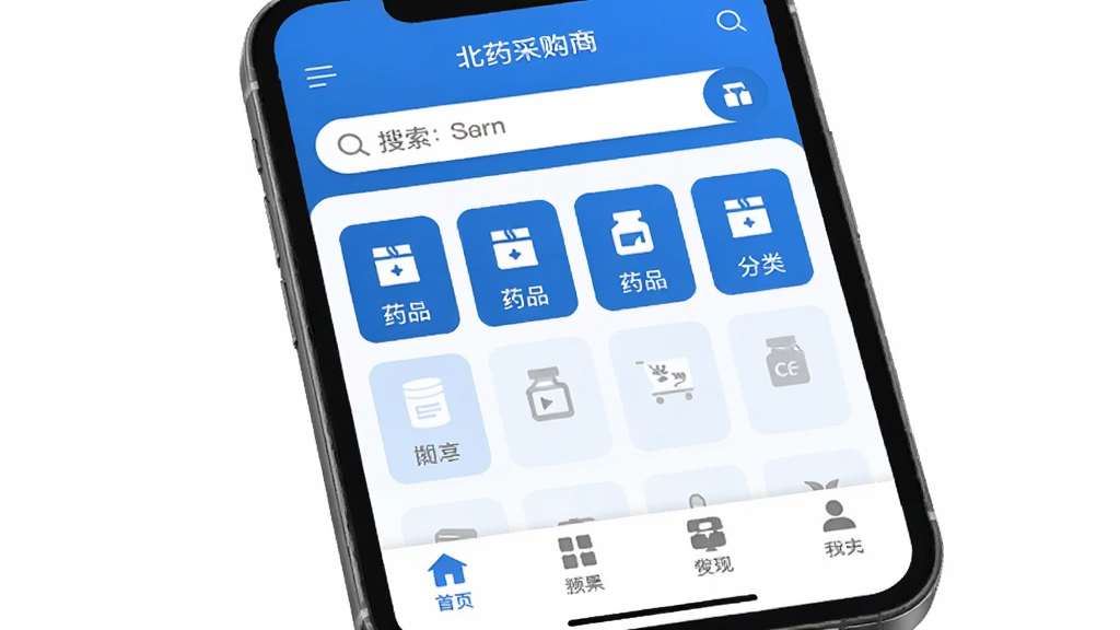 ��ҩ��APP����չʾ���ֻ���Ļ����ʾҽҩ�ɹ��̳���ҳ���Ϸ����������м�ҩƷ����ͼ�꣬�ײ�����������ɫ���ɫΪ��ɫ������������񣬻���ɾ����޶���Ԫ�أ����廭��