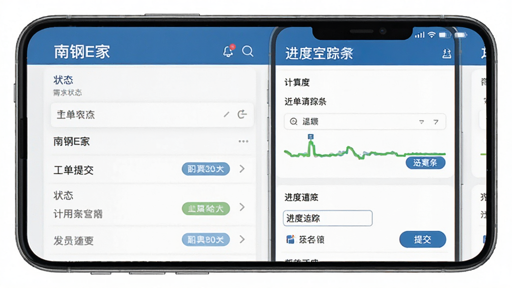 南钢E家 需求管理与安全管理界面 手机屏幕显示工单提交表单与进度追踪条 布局为列表式 排版逻辑清晰 风格为实用工具类 细节包含状态标签与提交按钮 画质高清 干净 无多余元素
