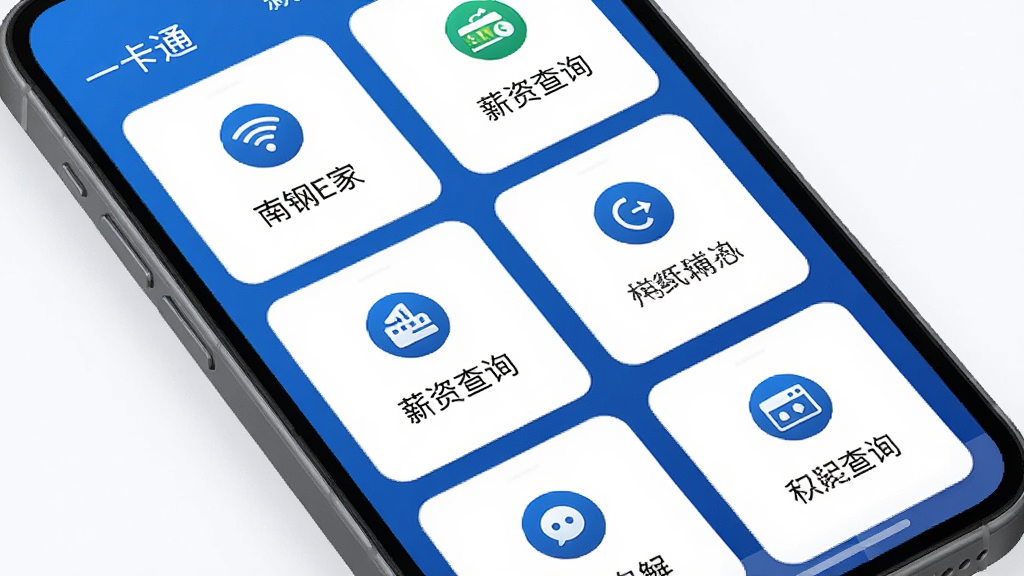 南钢E家 手机应用主界面 展示新闻、一卡通、薪资查询等多个功能图标 布局为宫格排列 排版简洁清晰 风格为现代企业移动端UI 细节包含蓝色主题色与白色卡片 画质高清 干净 无多余元素