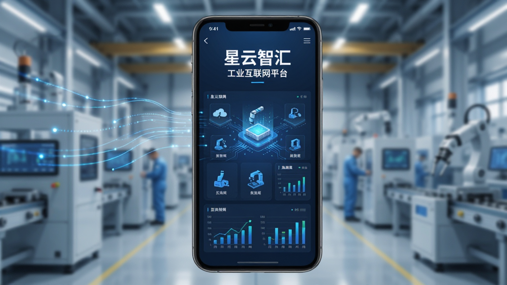 主体为一部智能手机,屏幕上显示“星云智汇”工业互联网平台界面,布局为手机居中,背景为现代化工厂车间虚化场景,排版简洁,风格为科技商务风,细节包括蓝色数据流线条、设备图标、图表元素,画质清晰,干净,无多余元素