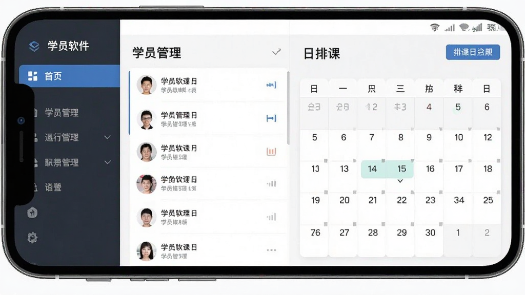 学蝉软件功能界面展示,主体为手机屏幕显示学员管理列表和排课日历,布局为左右分栏,左侧导航右侧内容,排版整洁,风格为现代扁平化,细节包含图标和头像,画质清晰干净无多余元素