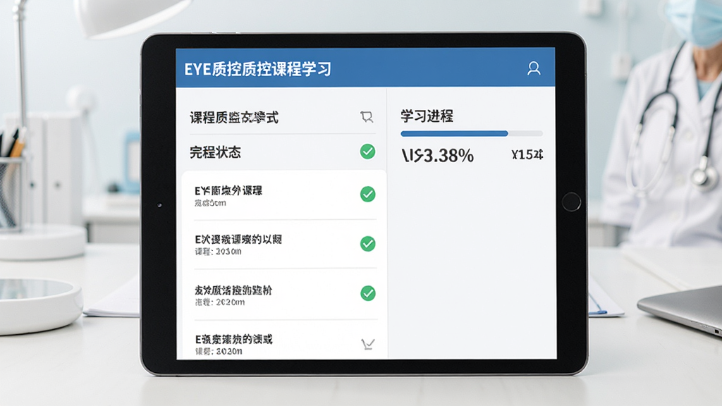 EYE质控质控课程学习页面,画面主体为平板电脑展示课程章节列表与学习进度条,布局左右分栏,排版整齐有序,风格为简约商务医疗风,细节包含课程名称、完成状态勾选图标、进度百分比数字,画质清晰,干净,无多余元素