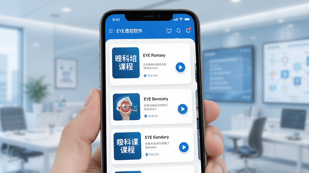 EYE质控软件界面展示,画面主体为手机屏幕中显示眼科会议培训课程列表,布局简洁清晰,排版采用卡片式设计,风格为现代医疗科技风,细节包含蓝色主色调、课程封面缩略图、播放按钮图标,画质高清,干净,无多余元素
