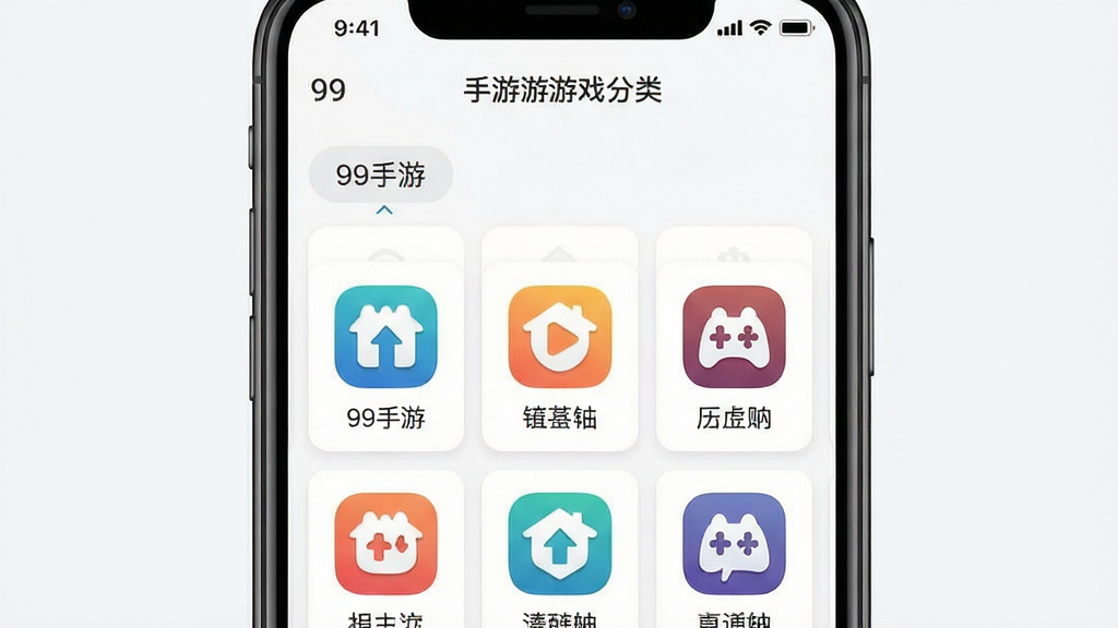 99手游 游戏分类导航界面 手机截图 卡片式布局 彩色图标 分类标签 清晰明了 高清画质 干净背景