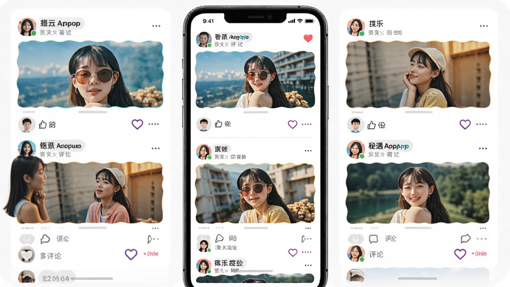 ����App��̬�罻�㳡ҳ�棬����Ϊ�ֻ���Ļչʾͼ�Ķ�̬��������Ϊ����Ƭ�б����Ű����룬����������ã�ϸ�ڰ����������۰�ť���û�ͷ�񣬻��ʸ��壬�ɾ����޶���Ԫ��
