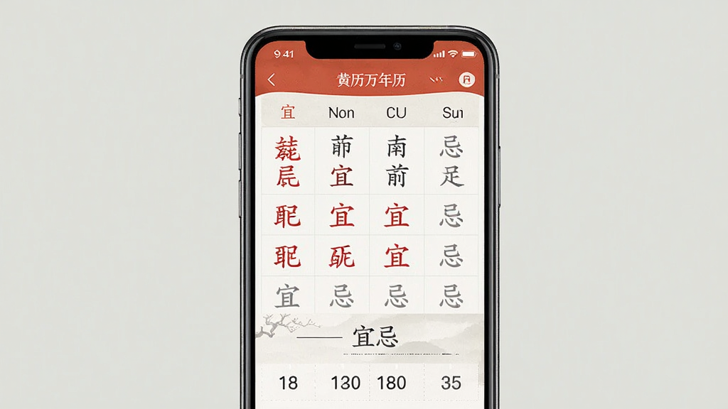 手机免费万年历应用界面展示,主体为一部智能手机,屏幕上显示黄历宜忌页面,布局清晰,包含宜忌列表和日期信息,排版简洁,风格为国风简约设计,细节有红色宜字标记和灰色忌字标记,画质清晰,干净,无多余元素。