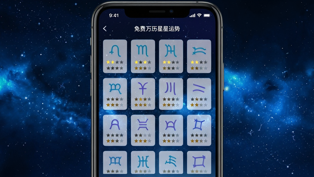 手机免费万年历星座运势页面,主体为手机屏幕显示十二星座选择界面,布局为网格排列,排版整齐,风格为深蓝色星空背景,细节有星座符号和运势星级,画质清晰,干净,无多余元素。