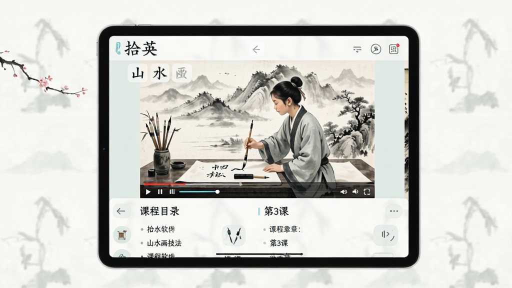 ʰӢ�������н��棬��������Ϊƽ�������Ļ��չʾ�黭��ѧ��Ƶ����ҳ�棬����Ϊ����ƽ�������У��Ű�չʾ��Ƶ�������·��γ�Ŀ¼�����Ϊ���������й��磬ϸ�ڰ���ˮī����ѧ��Ƶ�����ſ��������γ��½��б������ʸ���ɾ��޶���Ԫ�أ�ͼƬ������Ϊ��ʰӢ����ɽˮ������������3�Ρ�