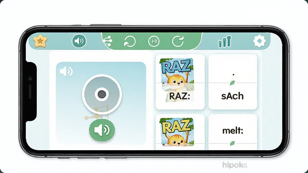 Ӣ��������������չʾ������Ϊ�ֻ���Ļ����ʾ�̲ĵ��ҳ����RAZ�汾�б��������������Ű��࣬���Ϊ���½����磬ϸ�ڰ��������ť������ͼ���뵥�ʿ�Ƭ�����ʸ��壬�ɾ����޶���Ԫ��