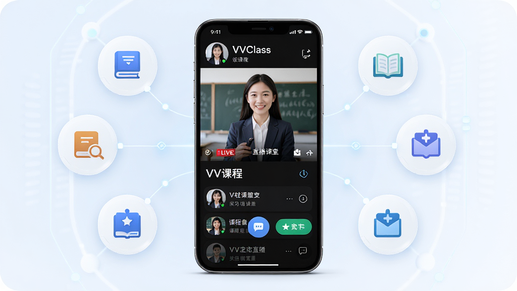 VVClassֱ�����ð�׿�����н���չʾ������Ϊ�ֻ���Ļ��ʾֱ���γ̻��棬����Ϊ���з����ֻ�����Χ����ѧϰ���ͼ�꣬�Ű������������Ϊ�ִ��Ƽ��У�ϸ�ڰ�����ʦͷ�񡢻�����ť�Ϳγ��б������ʸ��壬�ɾ����޶���Ԫ��