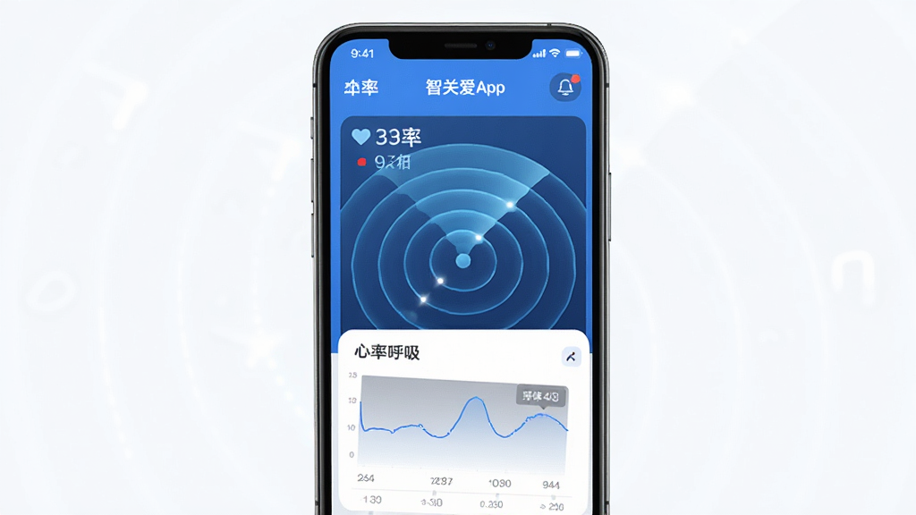 智关爱App界面展示毫米波雷达体征数据监测图表,主体为手机屏幕与雷达波纹,布局居中,排版简洁,风格科技清新,细节包含心率呼吸数值与曲线,画质清晰干净无多余元素