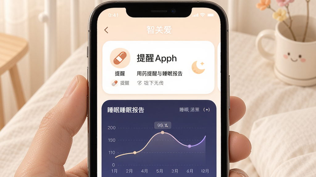 智关爱App用药提醒与睡眠报告界面,主体为手机屏幕展示提醒卡片与睡眠曲线,布局左右分栏,排版清晰,风格温和亲切,细节包含药丸图标与月亮图标,画质清晰干净无多余元素