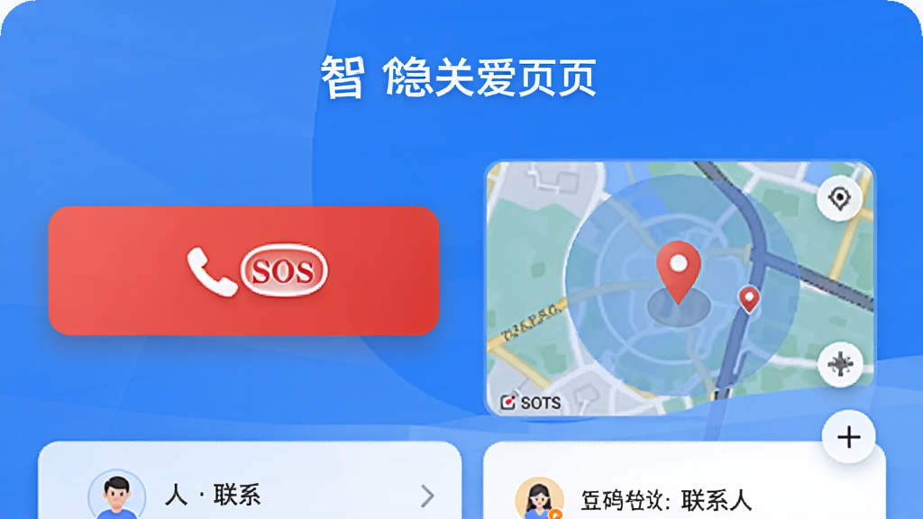 智关爱App紧急求助页面示意图,主体为SOS按钮与定位地图,布局上下结构,排版醒目,风格安全可靠,细节包含呼叫图标与联系人列表,画质清晰干净无多余元素
