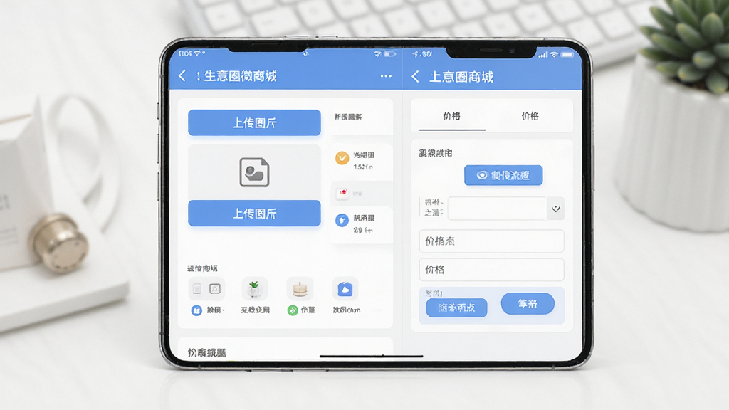 ����Ȧ΢�̳����ý��棬����Ϊ�ֻ���Ļչʾ��Ʒ�ϼ����̣��������ҷ������Ű����������Ϊ���¼�Լ�磬ϸ�ڰ����ϴ�ͼƬ��ť�ͼ۸�����򣬻��ʸ��壬�ɾ����޶���Ԫ��