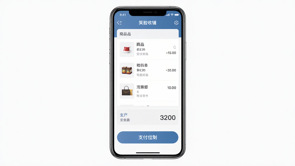 笑脸付APP收银界面展示,主体为一部智能手机屏幕显示收银台功能,布局居中,排版清晰,风格简约商务,细节包含商品列表、金额数字、支付按钮,画质高清,干净,无多余元素