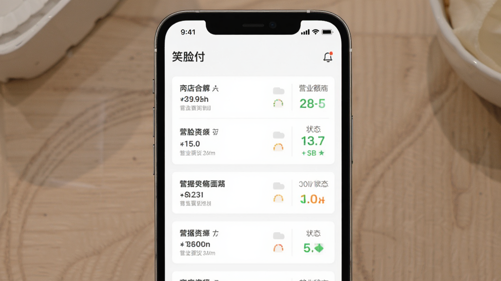 笑脸付APP多门店管理界面,主体为手机屏幕展示门店列表与数据汇总,布局分栏清晰,排版规整,风格素雅极简,细节包含门店名称、营业额对比、状态标识,画质高清,干净,无多余元素