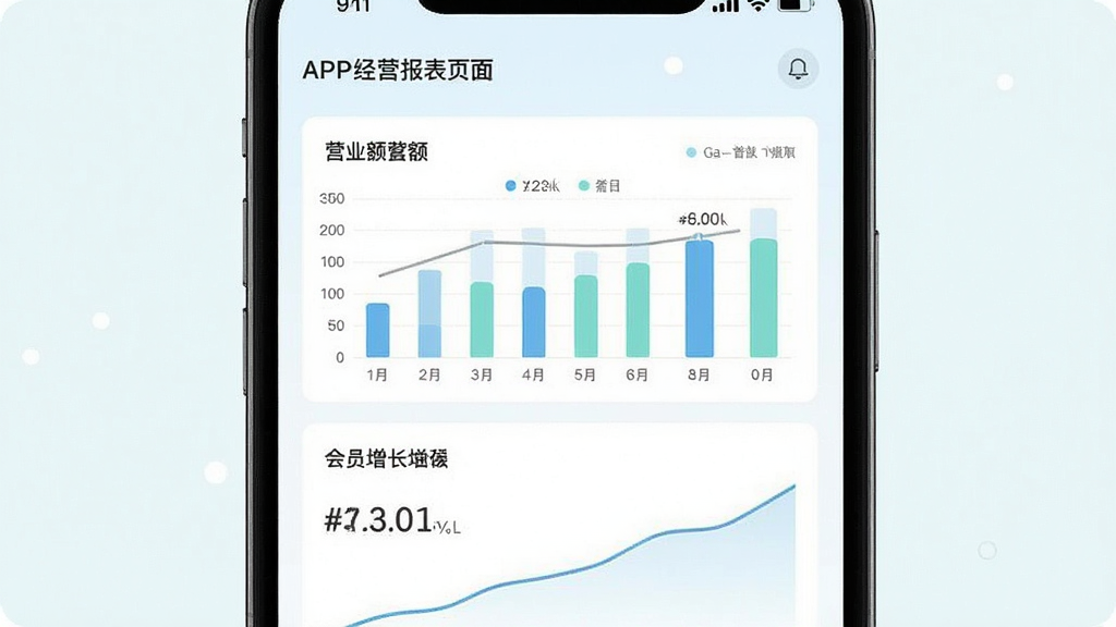 笑脸付APP经营报表页面,主体为手机屏幕显示数据图表,布局上下结构,排版整洁,风格清新浅色,细节包含柱状图、营业额数字、会员增长曲线,画质清晰,干净,无多余元素