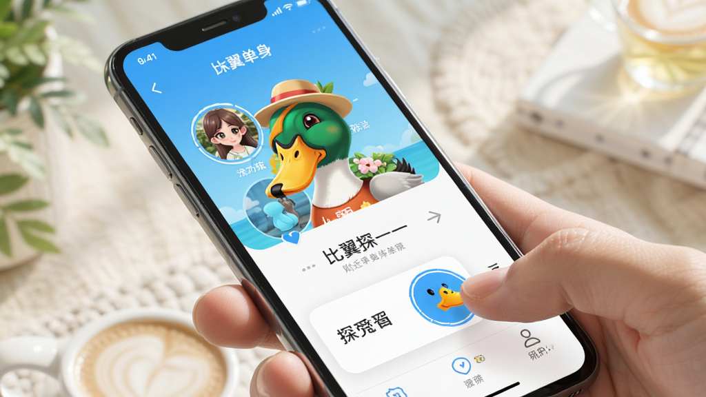比翼鸭 探一探 功能 手机屏幕 展示 附近单身用户 头像 滑动 交互 界面 明亮 清爽 风格 细节 丰富 高清 画质