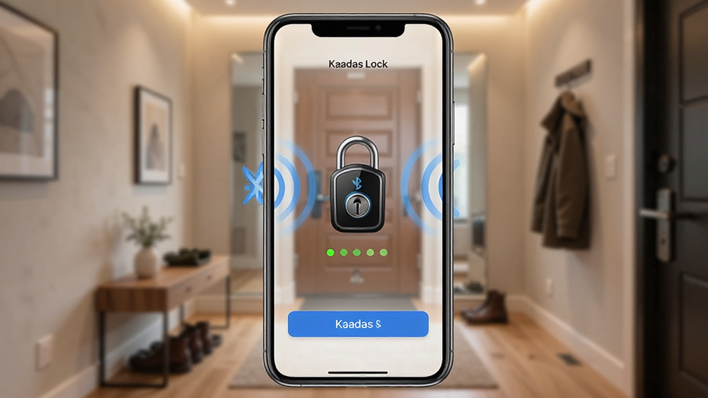 һ�������ֻ���Ļ��ʾ Kaadas Lock Ӧ�������棬����������һ������������ͼ�꣬��Χ�����������źŲ��ƣ���������ܰ���ִ��Ҿ����س��������沼�־��жԳƣ������Ƽ��У�ϸ������չʾӦ�ð�ť������״̬�����ʸ��壬�ɾ����޶���Ԫ��