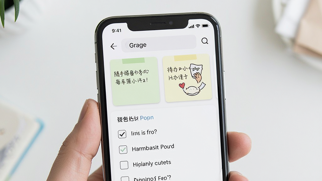 随手便签备忘记 便签与待办清单界面 主体为手机屏幕展示 布局上下分栏 排版简洁 风格清新 细节包含便签卡片和勾选框 画质清晰 干净 无多余元素