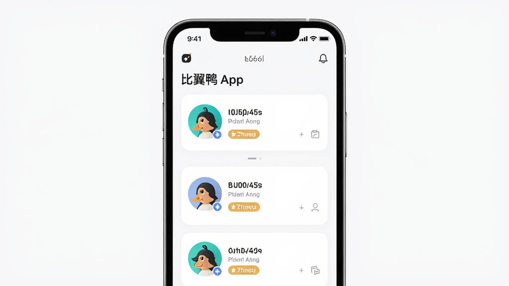 比翼鸭APP主界面展示同城附近用户推荐列表,主体是手机屏幕,布局居中,排版简洁,风格现代社交风,细节有用户头像卡片和距离标签,画质高清,干净,无多余元素