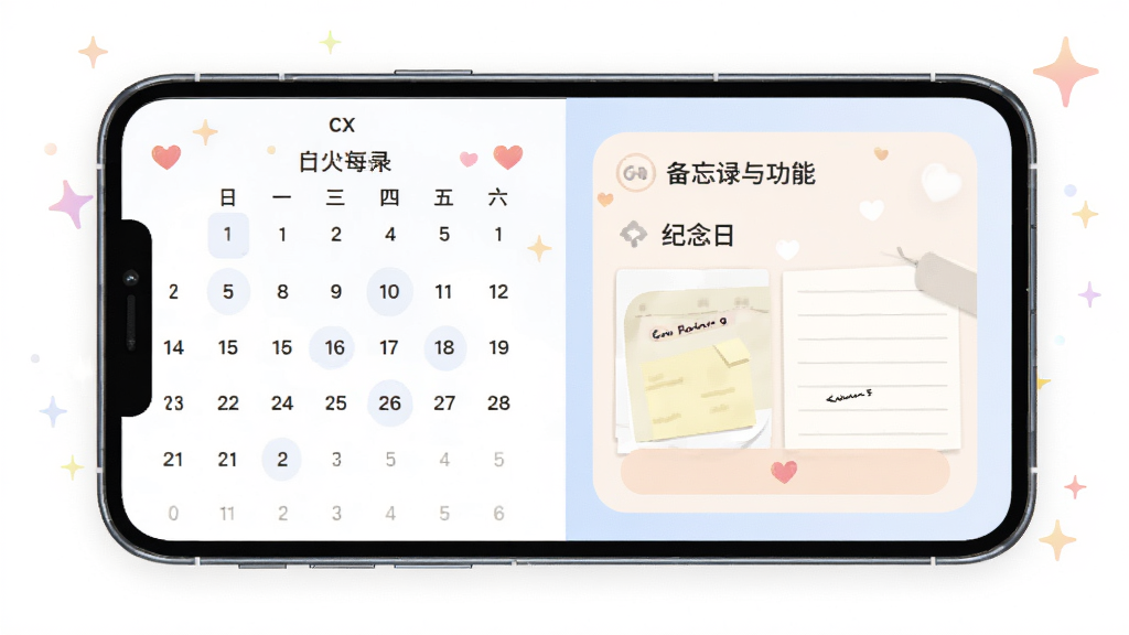 通用电视遥控器cx 备忘录与纪念日功能界面 主体是手机日历和便签 布局为左右分栏 排版整齐 风格清新柔和 细节有爱心和星光点缀 画质清晰 干净 无多余元素