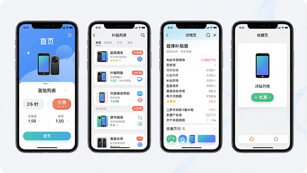�������벹��APP��������ͼ������չʾ�ֻ���Ļ����������Ϊ��ҳ�������б�������ҳ���ղ�ҳ�ĸ����棬���ֺ������У�������¼�࣬ϸ�ڰ��������Ʒͼ����Żݱ�ǩ�����ʸ��壬�ɾ����޶���Ԫ��