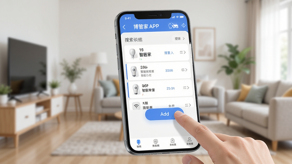 博管家APP添加设备界面,手机屏幕显示搜索到的智能设备列表,用户手指点击添加按钮,背景为家庭环境,风格简洁明快,细节清晰,画质干净无多余元素,高清渲染