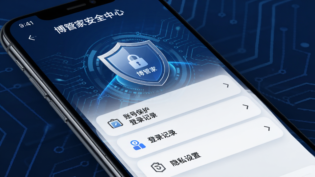 博管家安全中心界面,手机屏幕显示账号保护、登录记录、隐私设置等选项,盾牌图标突出,背景为深蓝色科技感,风格专业可靠,细节清晰,画质干净无多余元素,高清渲染