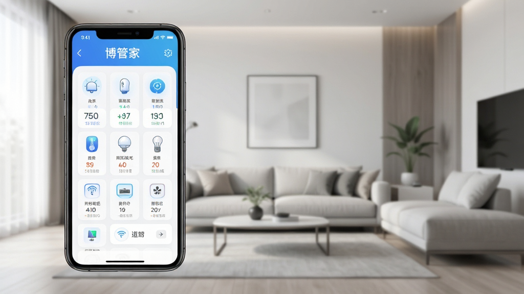 博管家APP界面展示,手机屏幕显示智能家居控制面板,多个设备图标排列整齐,背景为现代简约客厅,风格科技清新,细节清晰,画质干净无多余元素,高清渲染
