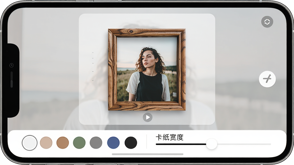 һ�����APP�༭���棬�ֻ���Ļ��ʾһ����Ƭ���ڸ���ľ������·�����ɫѡ�����Ϳ�ֽ���Ȼ��飬���岼������������Լ�ִ���ϸ�ھ��£������������ɾ��޶���Ԫ��