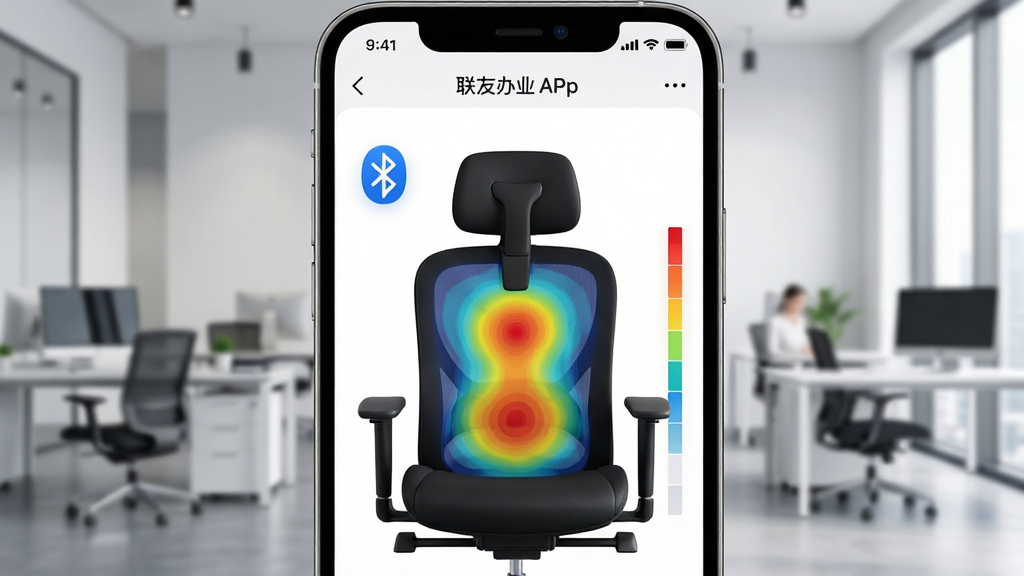 联友智能APP界面展示智能办公椅连接状态与背部支撑热力图,画面主体为手机屏幕特写,背景是现代化办公环境,布局居中,排版简洁,风格科技商务,细节包含蓝牙连接图标和压力分布色块,画质清晰,干净,无多余元素