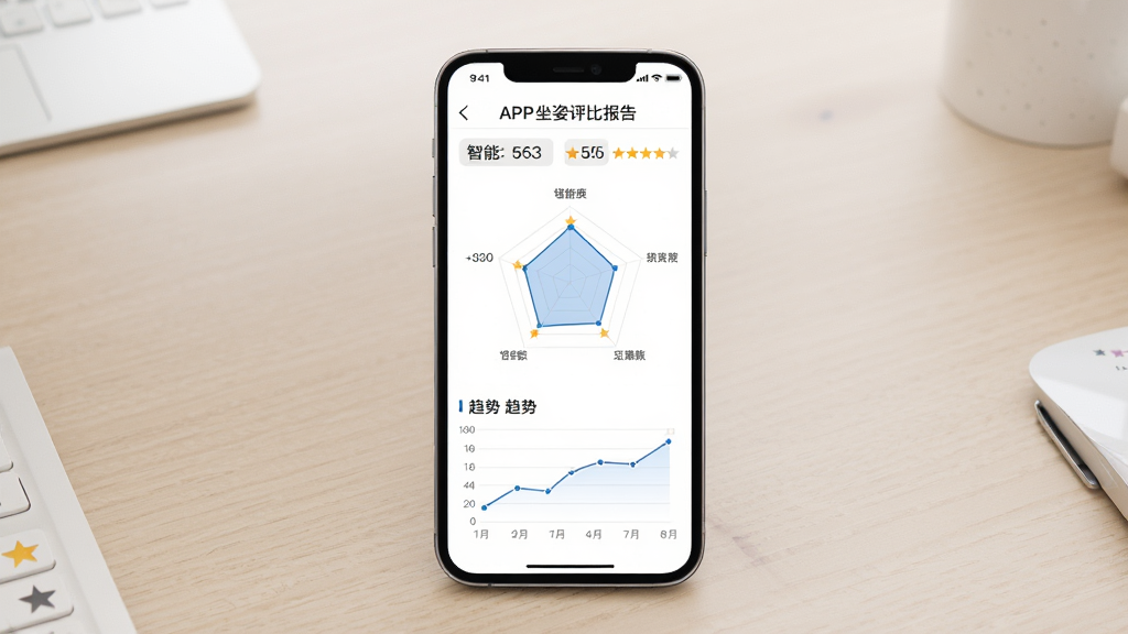 联友智能APP坐姿评比报告页面,画面主体为手机屏幕展示评分雷达图和趋势折线图,背景为浅色办公桌面,布局为手机居中,排版清晰,风格简约现代,细节包含分数数字和星级图标,画质高清,干净,无多余元素