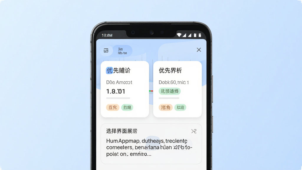 何解App选择辅助界面展示,主体为手机屏幕中呈现多维度选择分析图表,布局为居中放置一部安卓手机,背景为柔和渐变浅蓝色,风格为简约科技风,细节包括清晰的选项卡片、优先级标签和连贯建议文本框,画质高清,干净,无多余元素