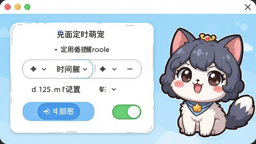 桌面电子萌宠设置界面,画面展示定时提醒配置面板,有可爱的动漫萌宠形象在旁,布局为上下结构,排版整齐,风格卡通活泼,细节包括时间选择器和开关按钮,画质清晰,干净,无多余元素