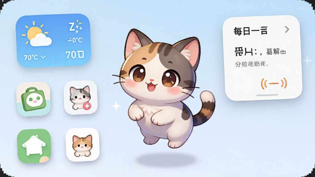 桌面电子萌宠软件主界面,画面中央是一只可爱的动漫风格小猫悬浮在手机桌面,周围有天气小组件和每日一言卡片,布局简洁,排版清晰,风格清新可爱,细节包括圆角图标和柔和阴影,画质高清,干净,无多余元素