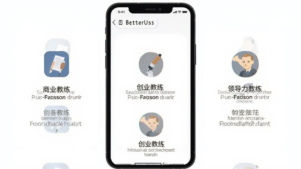 BetterUs平台教练服务场景,主体为手机界面展示商业教练、创业教练、领导力教练三大分类,布局为三栏并列展示,排版清晰有序,风格为扁平化设计,细节包括分类图标和说明文字,画质高清干净无多余元素