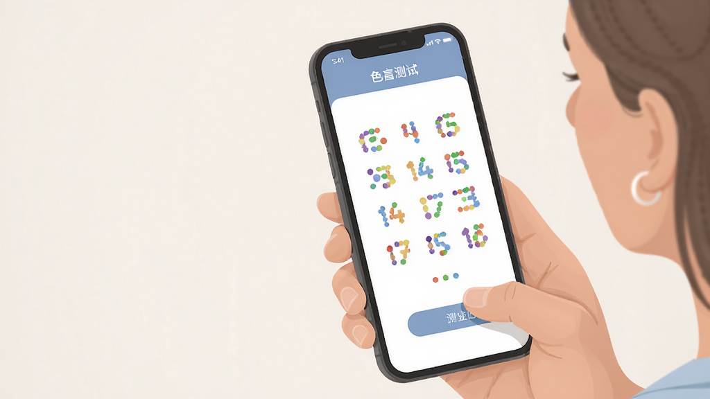手机测血压App色盲测试页面,彩色圆点组成数字图案,用户正在用手机进行色觉筛查,界面友好,配色柔和,扁平化设计风格,画面整洁,高清画质