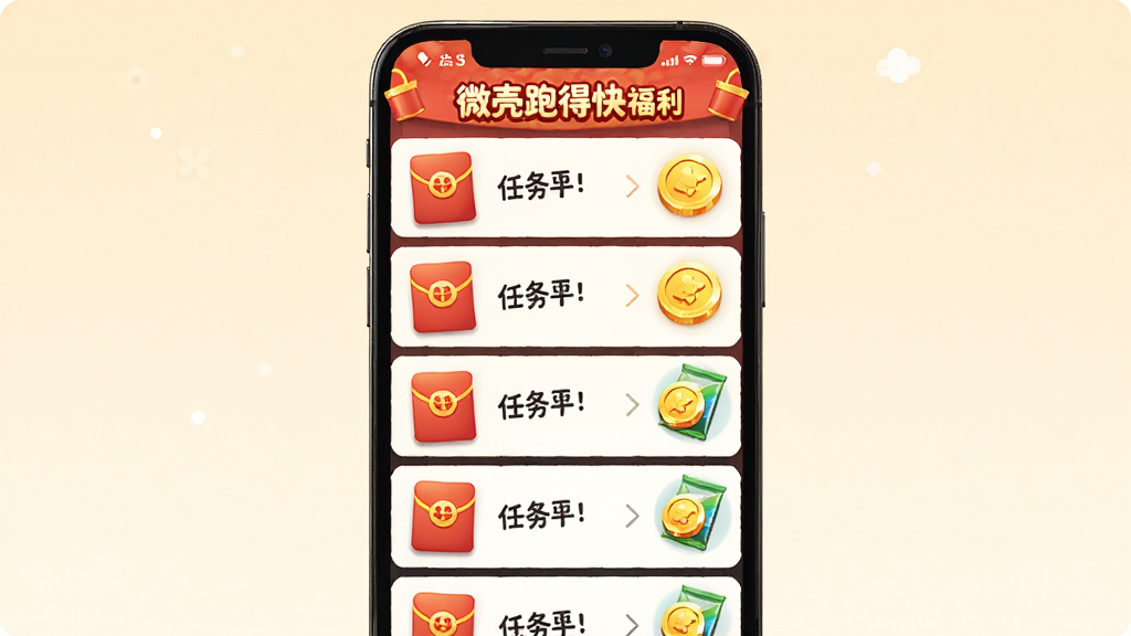 微壳跑得快福利活动界面,主体是手机屏幕显示任务列表和奖励图标,布局为纵向列表,排版整齐,风格卡通喜庆,细节包括红包、金币、流量包图标,画质清晰,干净,无多余元素