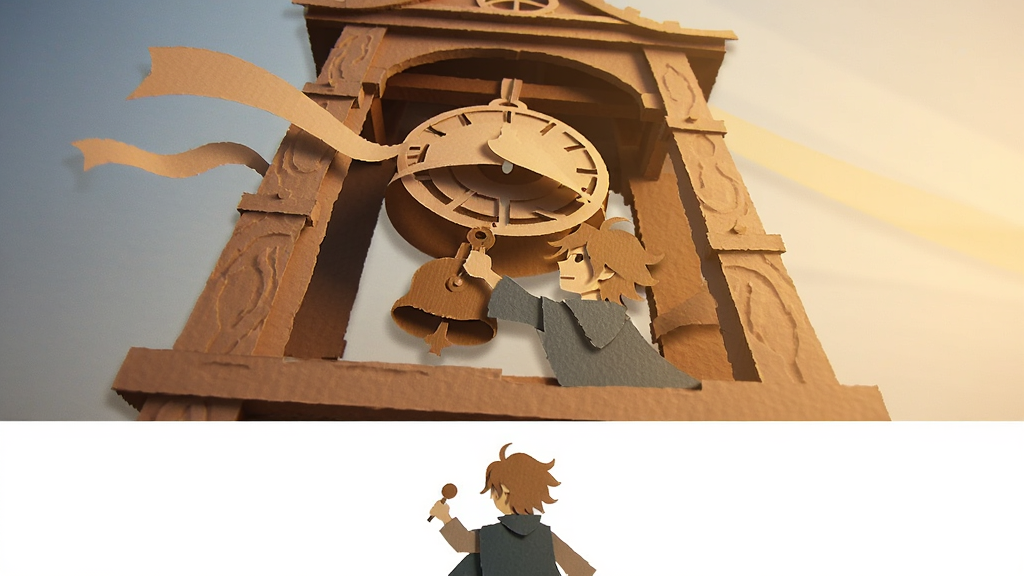 循迹(Retrace)游戏角色阿页在钟楼前敲响早钟的剪纸风格插画,主体为纸艺小人阿页与巨大钟楼,布局为仰视构图突出钟楼高耸,排版为画面下方留白展示角色,风格为温暖纸艺插画,细节包含钟摆、纸带飘动、晨光,画质干净清晰无多余元素