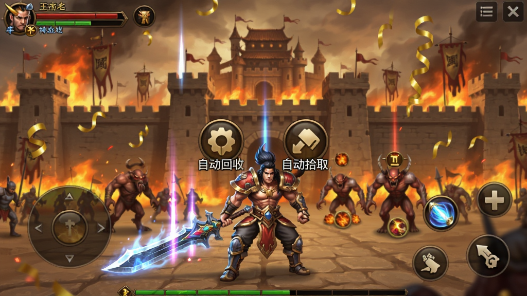 ����֮ս�񼼹���������Ϸ���棬��ְҵսʿ��ɫ�ֳַ�������վ��ɳ�ǳ�ǽǰ��������ȼ�յ�ս����Ʈ��Ľ�ɫ�ʴ��������������Զ����պ��Զ�ʰȡ�Ĺ���ͼ�꣬���岼��Ϊ����������ͼ��񣬴�����дʵ���磬ϸ�ڰ���װ�������͹����������������ɾ��޶���Ԫ��