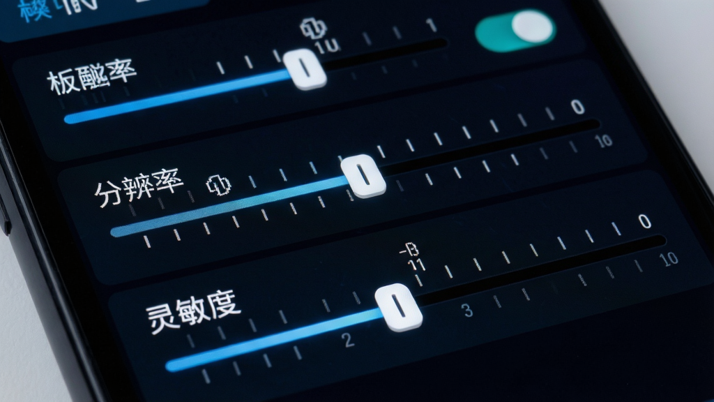手机游戏设置界面特写,画面展示帧率、分辨率与灵敏度调节滑块,布局清晰分区明确,风格简洁科技感,细节突出数值刻度与开关按钮,画质干净锐利,无多余元素