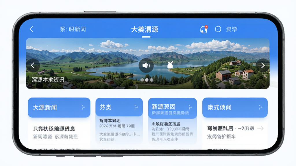 手机屏幕展示“大美渭源”APP首页新闻资讯列表,蓝色主色调,界面整洁,顶部有渭源本地风光轮播图,下方为分类新闻卡片,扁平化UI风格,高清画质,干净无多余元素