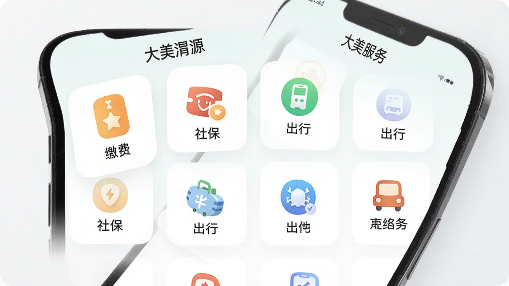 手机界面展示“大美渭源”APP生活服务功能页,包含缴费、社保、出行等图标网格,浅色背景,圆角卡片设计,现代简约风格,清晰画质,布局规整无杂乱